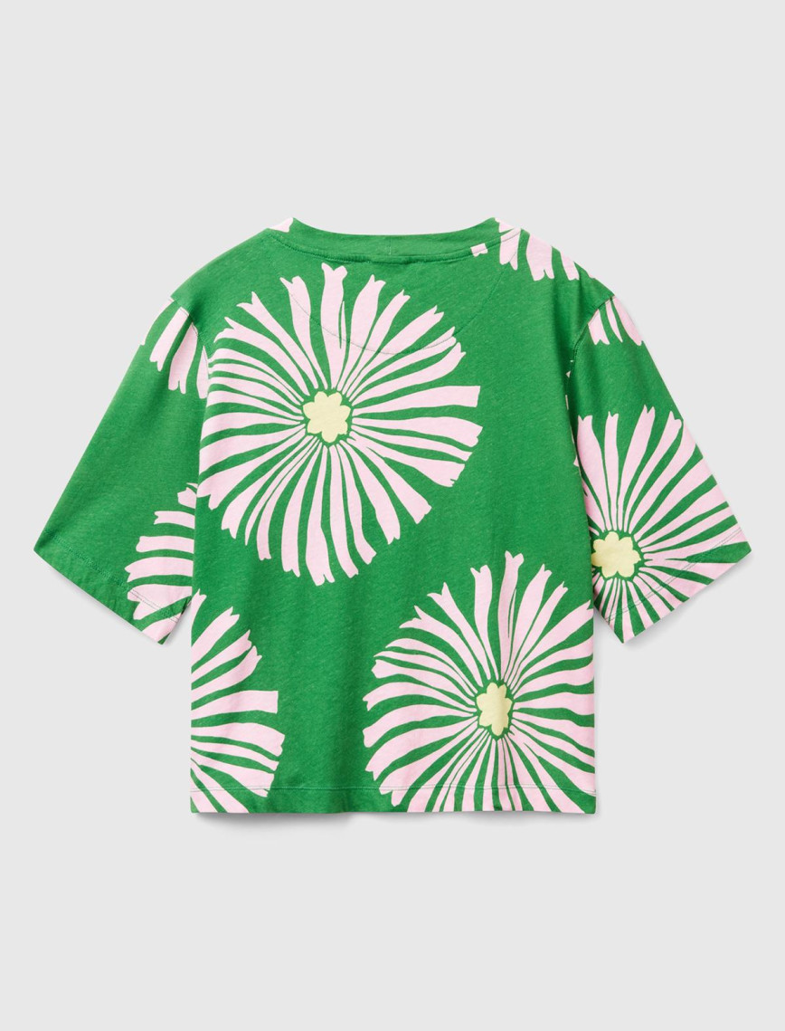 Kadın Yeşil Keten Karışımlı Boxy Fit Çiçek Desenli T-Shirt