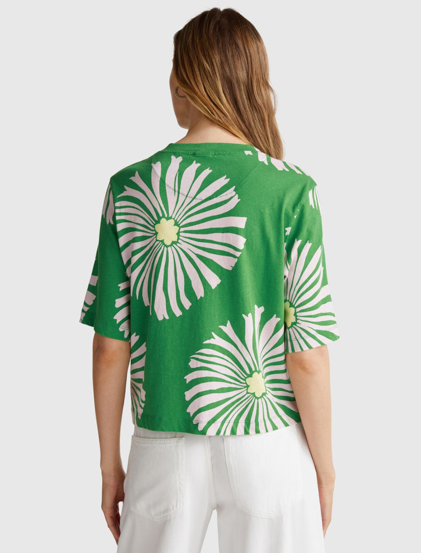 Kadın Yeşil Keten Karışımlı Boxy Fit Çiçek Desenli T-Shirt