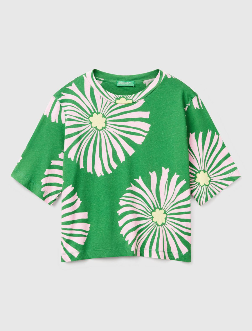 Kadın Yeşil Keten Karışımlı Boxy Fit Çiçek Desenli T-Shirt
