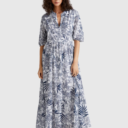 Kadın Mavi Mix %100 Koton Desenli V Yaka Kısa Kollu Uzun Müslin Elbise Kadın Mavi Mix %100 Koton Desenli V Yaka Kısa Kollu Uzun Müslin Elbise