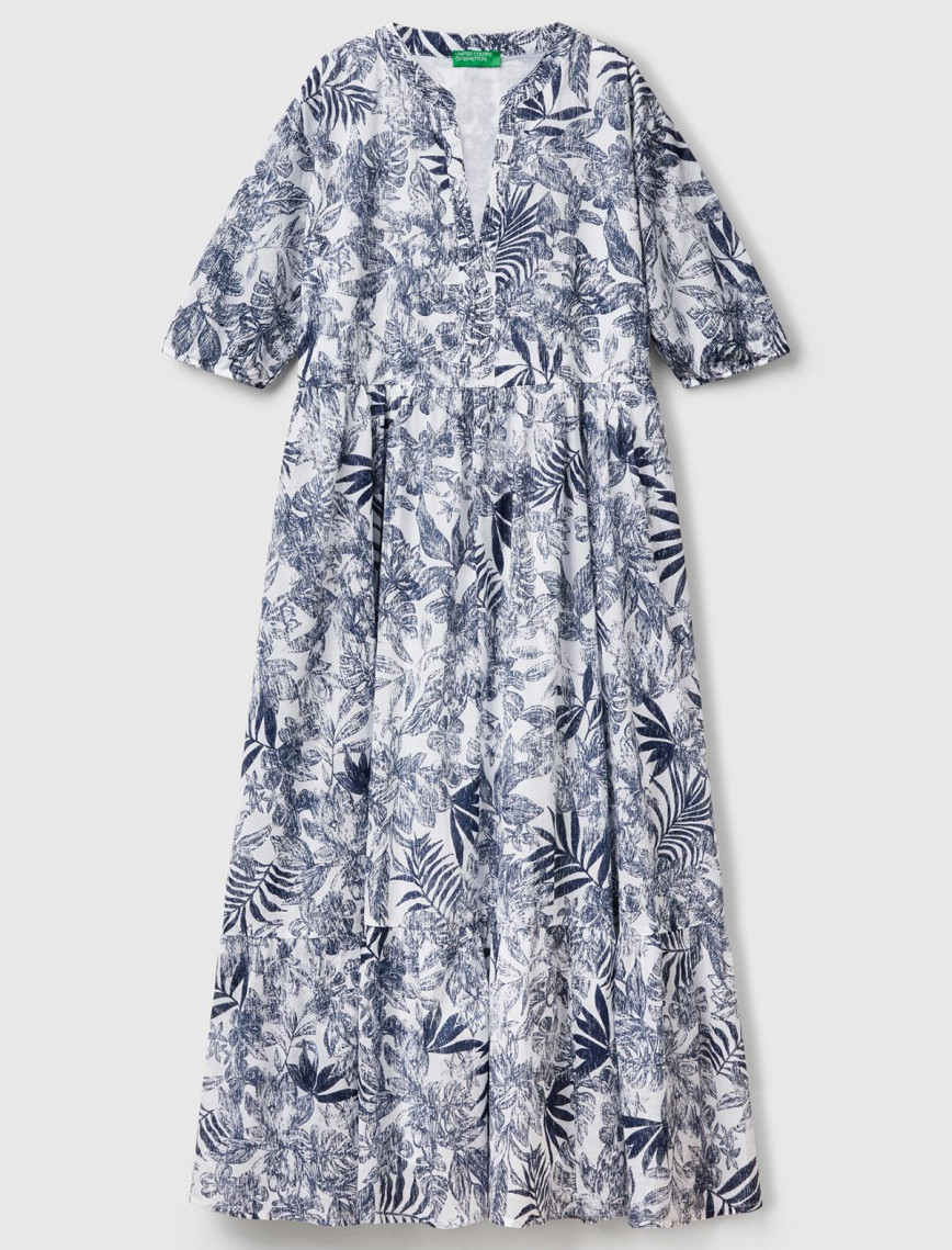 Kadın Mavi Mix %100 Koton Desenli V Yaka Kısa Kollu Uzun Müslin Elbise Kadın Mavi Mix %100 Koton Desenli V Yaka Kısa Kollu Uzun Müslin Elbise