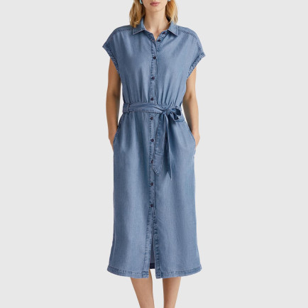 Kadın Açık Mavi %100 Liyosel Polo Yaka Belden Bağlamalı Midi Elbise Kadın Açık Mavi %100 Liyosel Polo Yaka Belden Bağlamalı Midi Elbise