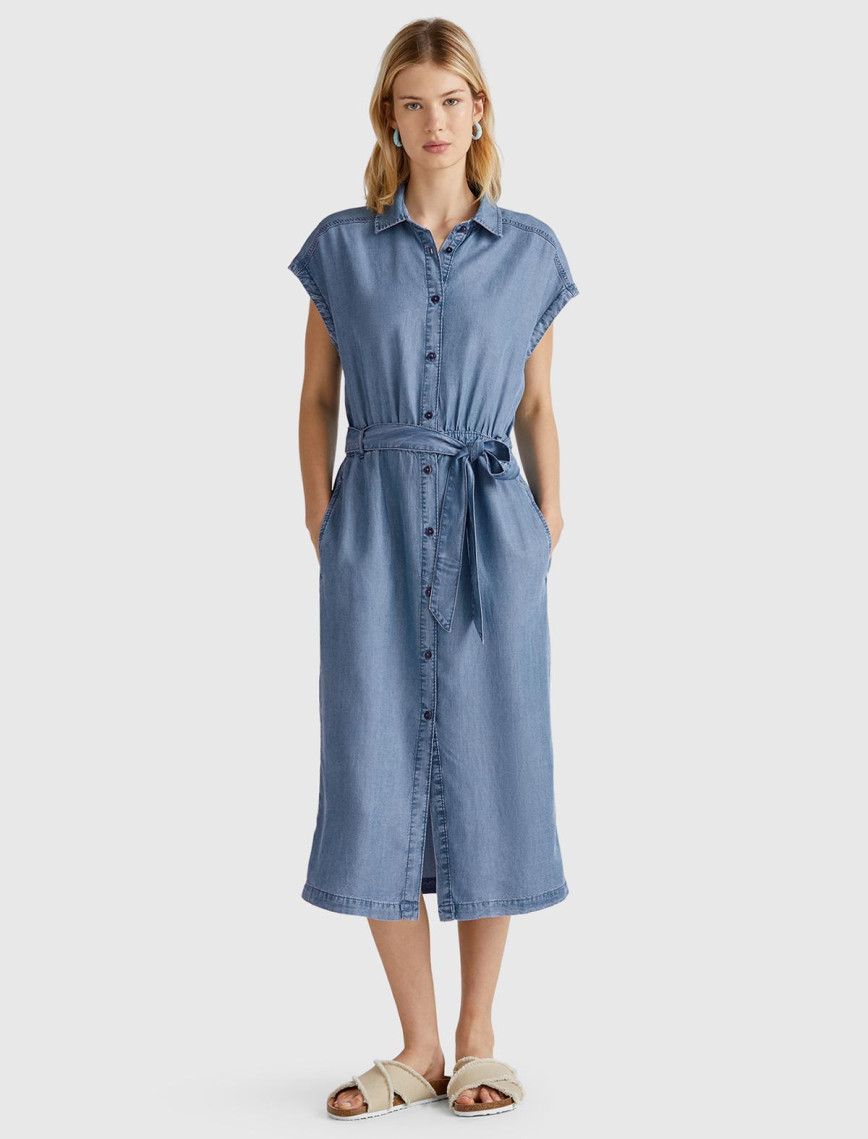 Kadın Açık Mavi %100 Liyosel Polo Yaka Belden Bağlamalı Midi Elbise Kadın Açık Mavi %100 Liyosel Polo Yaka Belden Bağlamalı Midi Elbise