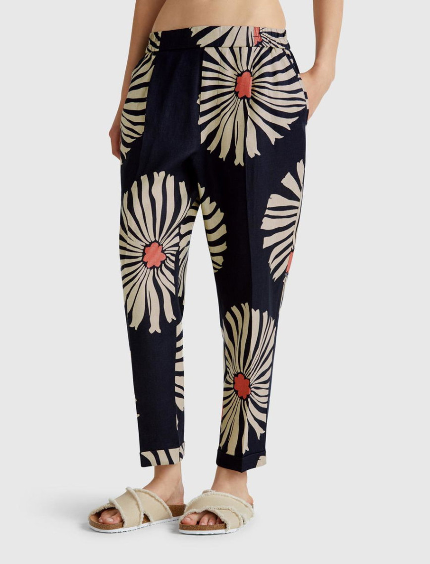 Kadın Beyaz Mix %100 Keten Desenli Beli Lastikli Pantolon Kadın Beyaz Mix %100 Keten Desenli Beli Lastikli Pantolon