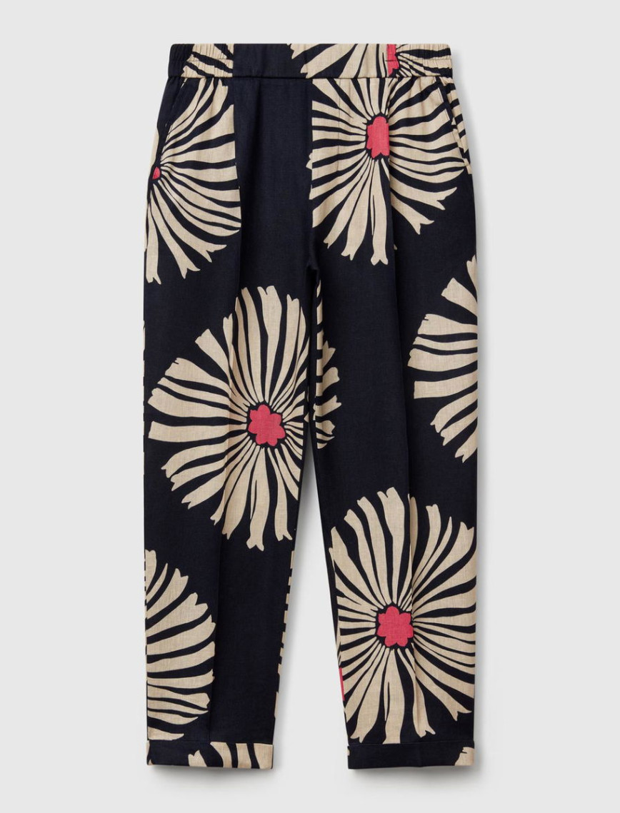 Kadın Lacivert %100 Keten Desenli Beli Lastikli Pantolon Kadın Lacivert %100 Keten Desenli Beli Lastikli Pantolon