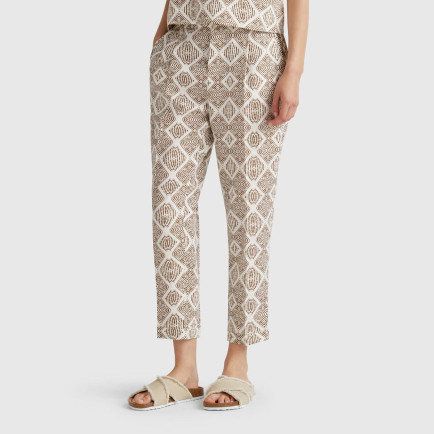 Kadın Beyaz Mix %100 Keten Desenli Beli Lastikli Pantolon
