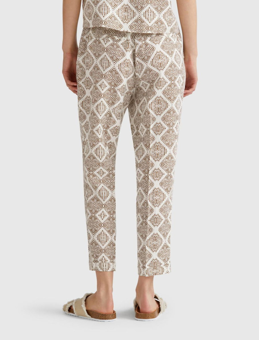 Kadın Beyaz Mix %100 Keten Desenli Beli Lastikli Pantolon Kadın Beyaz Mix %100 Keten Desenli Beli Lastikli Pantolon