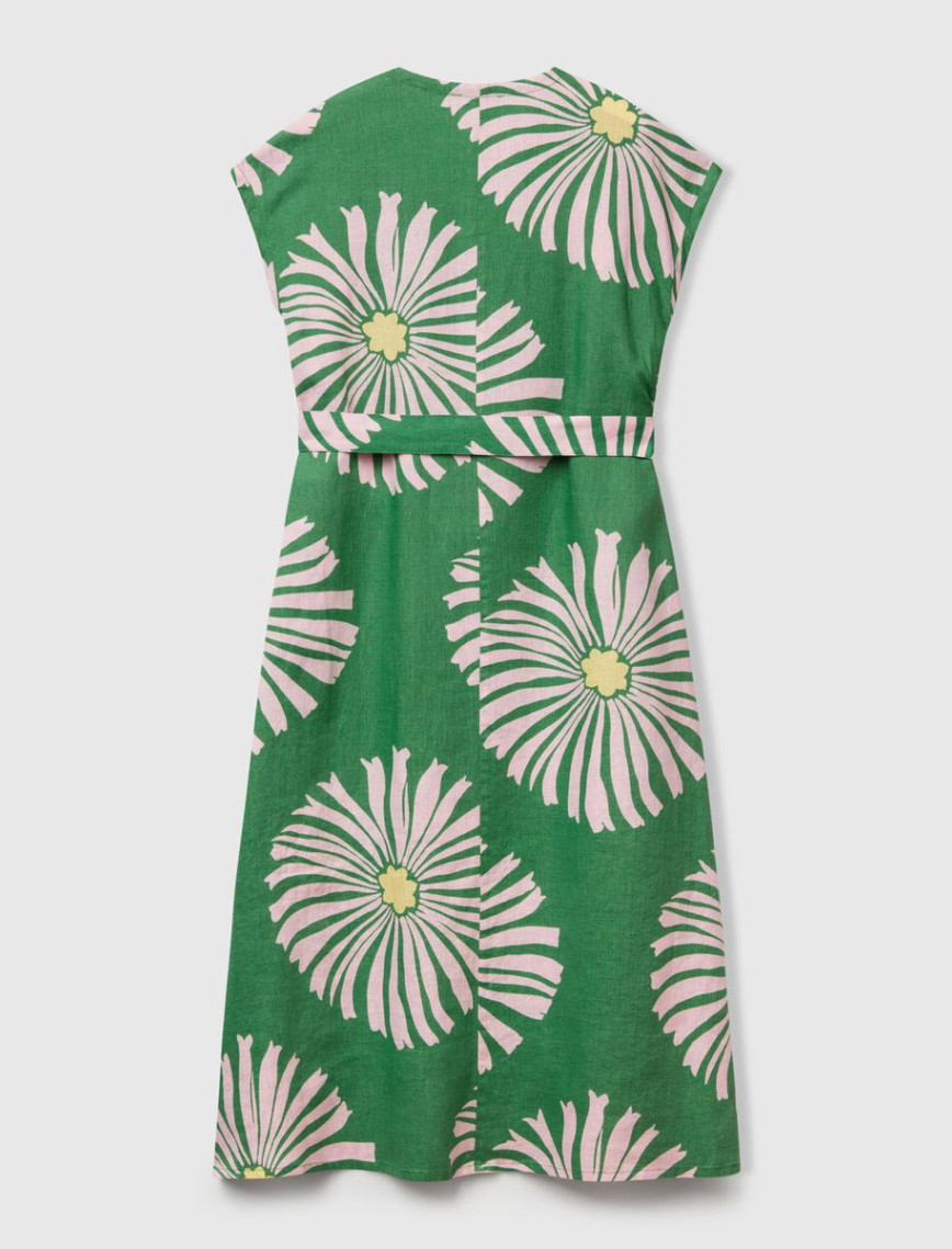 Kadın Yeşil %100 Keten Desenli V Yaka Cepli Uzun Elbise