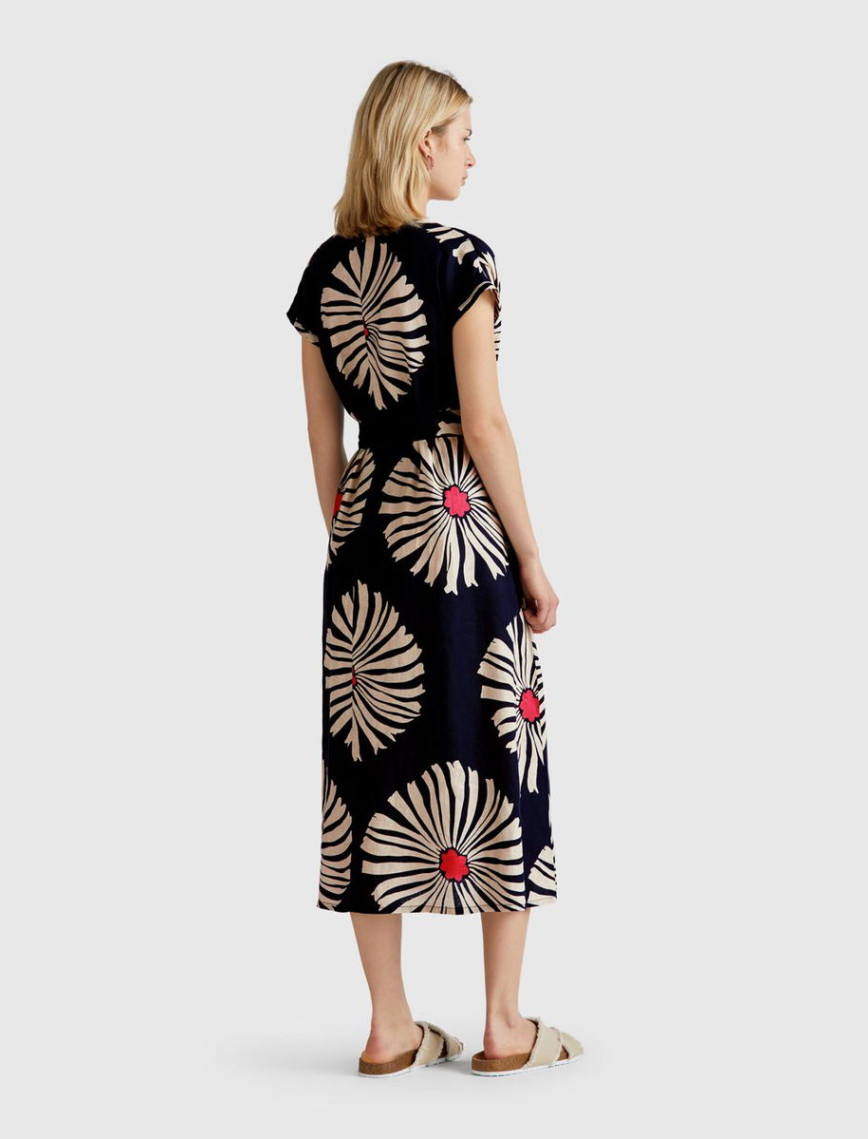 Kadın Lacivert %100 Keten Desenli V Yaka Cepli Uzun Elbise