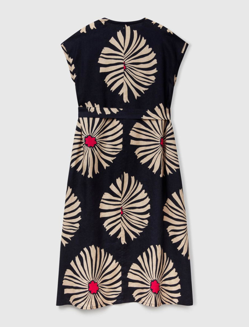 Kadın Lacivert %100 Keten Desenli V Yaka Cepli Uzun Elbise