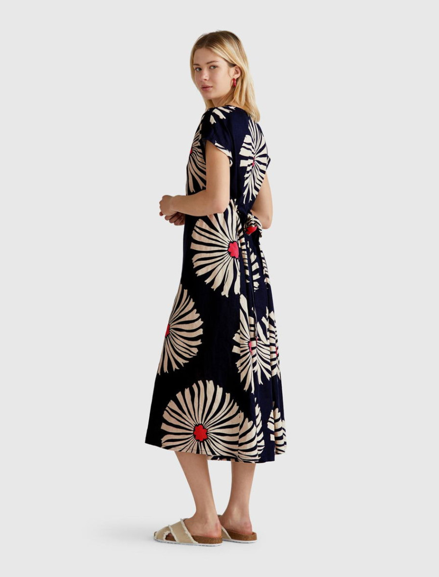 Kadın Lacivert %100 Keten Desenli V Yaka Cepli Uzun Elbise