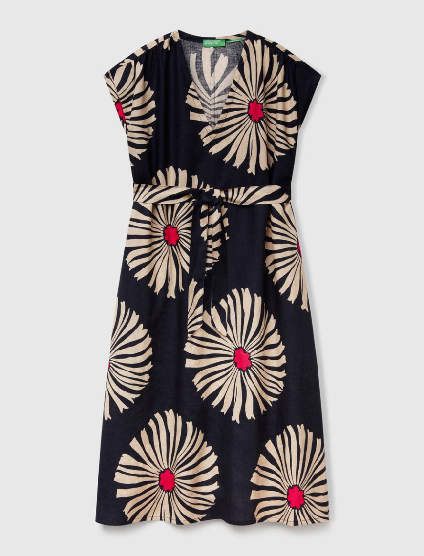 Kadın Lacivert %100 Keten Desenli V Yaka Cepli Uzun Elbise