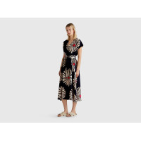 Kadın Lacivert %100 Keten Desenli V Yaka Cepli Uzun Elbise