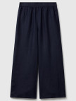 Kadın Lacivert %100 Keten Beli Lastikli Bol Kısa Paça Pantolon
