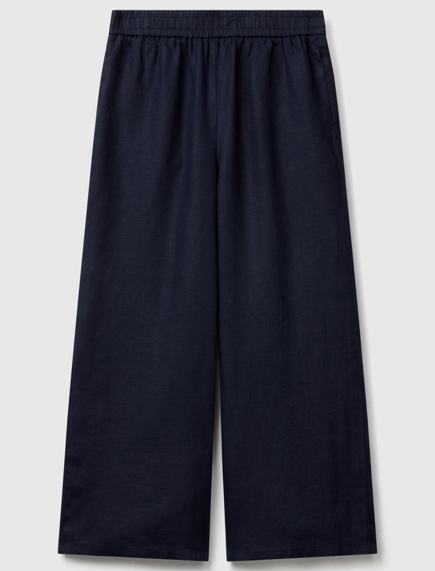 Kadın Lacivert %100 Keten Beli Lastikli Bol Kısa Paça Pantolon