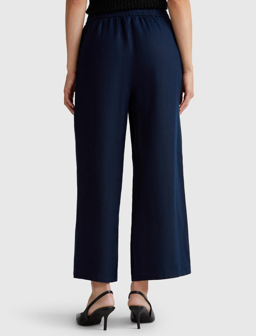 Kadın Lacivert %100 Keten Beli Lastikli Bol Kısa Paça Pantolon