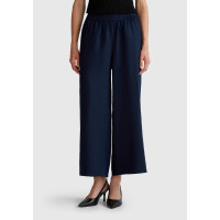 Kadın Lacivert %100 Keten Beli Lastikli Bol Kısa Paça Pantolon