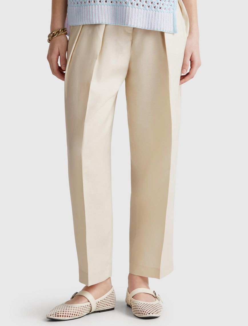 Kadın Taş Rengi Keten Karışımlı Havuç Kesim Pantolon