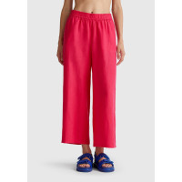 Kadın Fuşya %100 Keten Beli Lastikli Bol Kısa Paça Pantolon