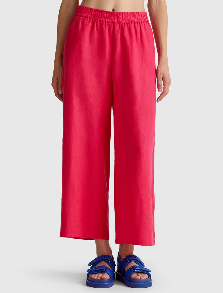 Kadın Adaçayı yeşili %100 Keten Beli Lastikli Bol Kısa Paça Pantolon