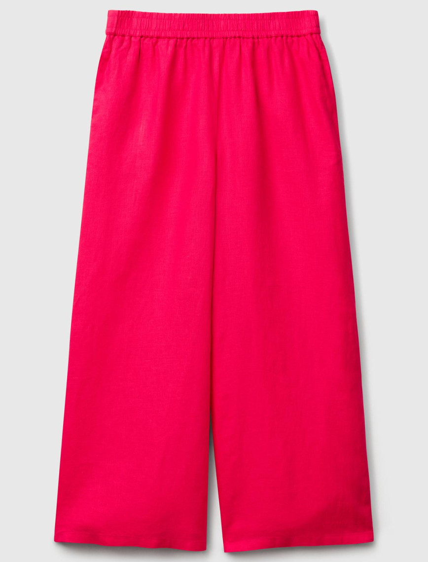 Kadın Fuşya %100 Keten Beli Lastikli Bol Kısa Paça Pantolon