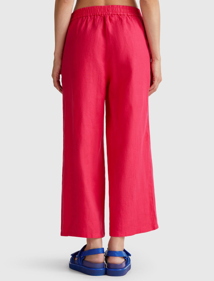 Kadın Fuşya %100 Keten Beli Lastikli Bol Kısa Paça Pantolon