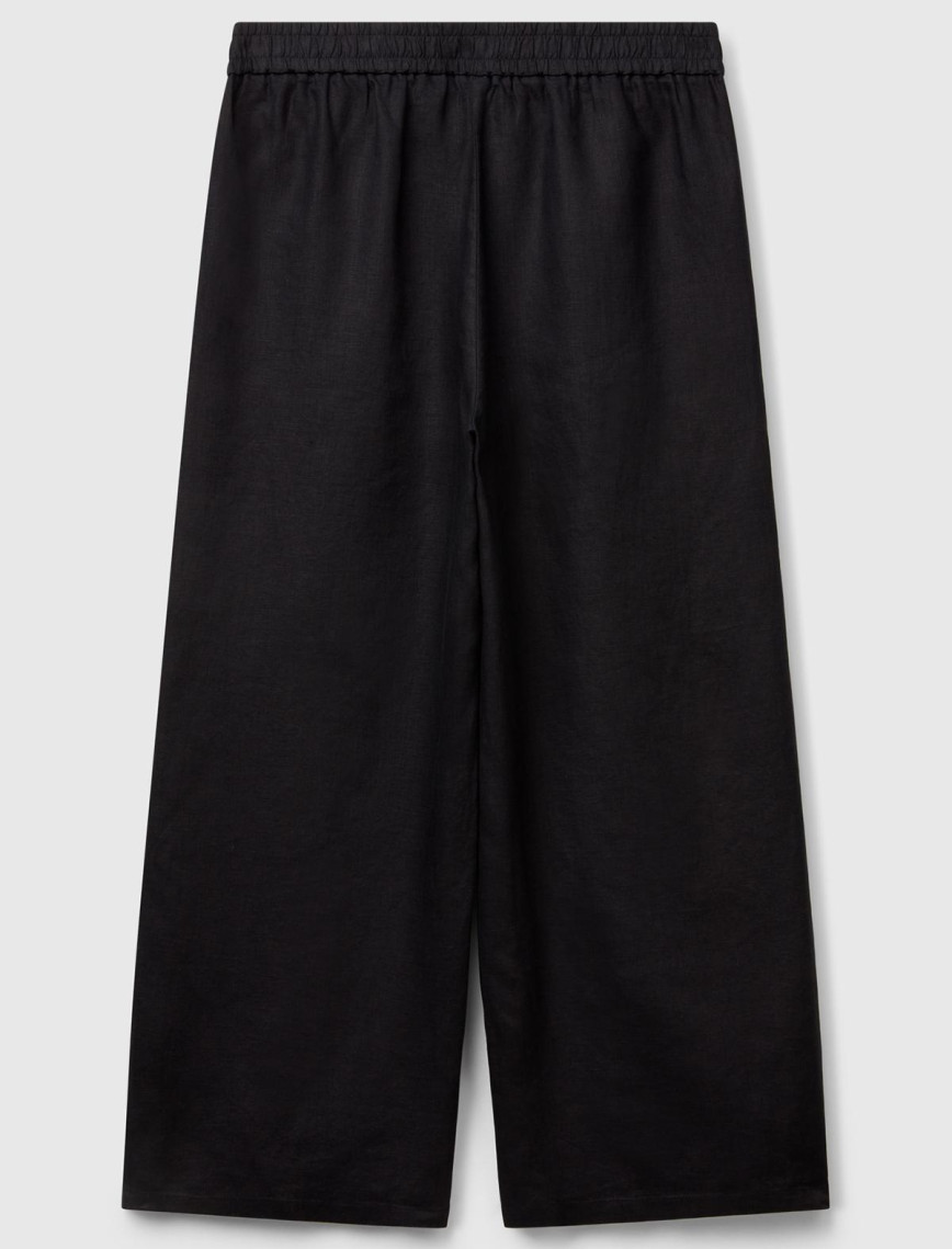 Kadın Siyah %100 Keten Beli Lastikli Bol Kısa Paça Pantolon