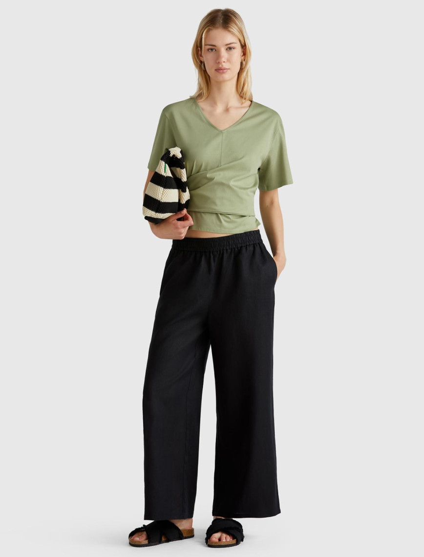 Kadın Siyah %100 Keten Beli Lastikli Bol Kısa Paça Pantolon