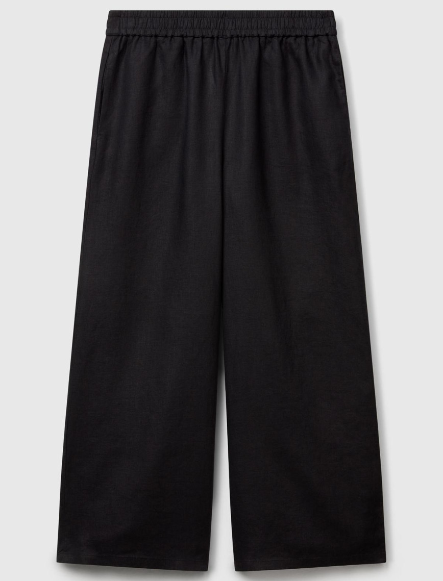 Kadın Siyah %100 Keten Beli Lastikli Bol Kısa Paça Pantolon