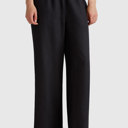 Kadın Siyah %100 Keten Beli Lastikli Bol Kısa Paça Pantolon