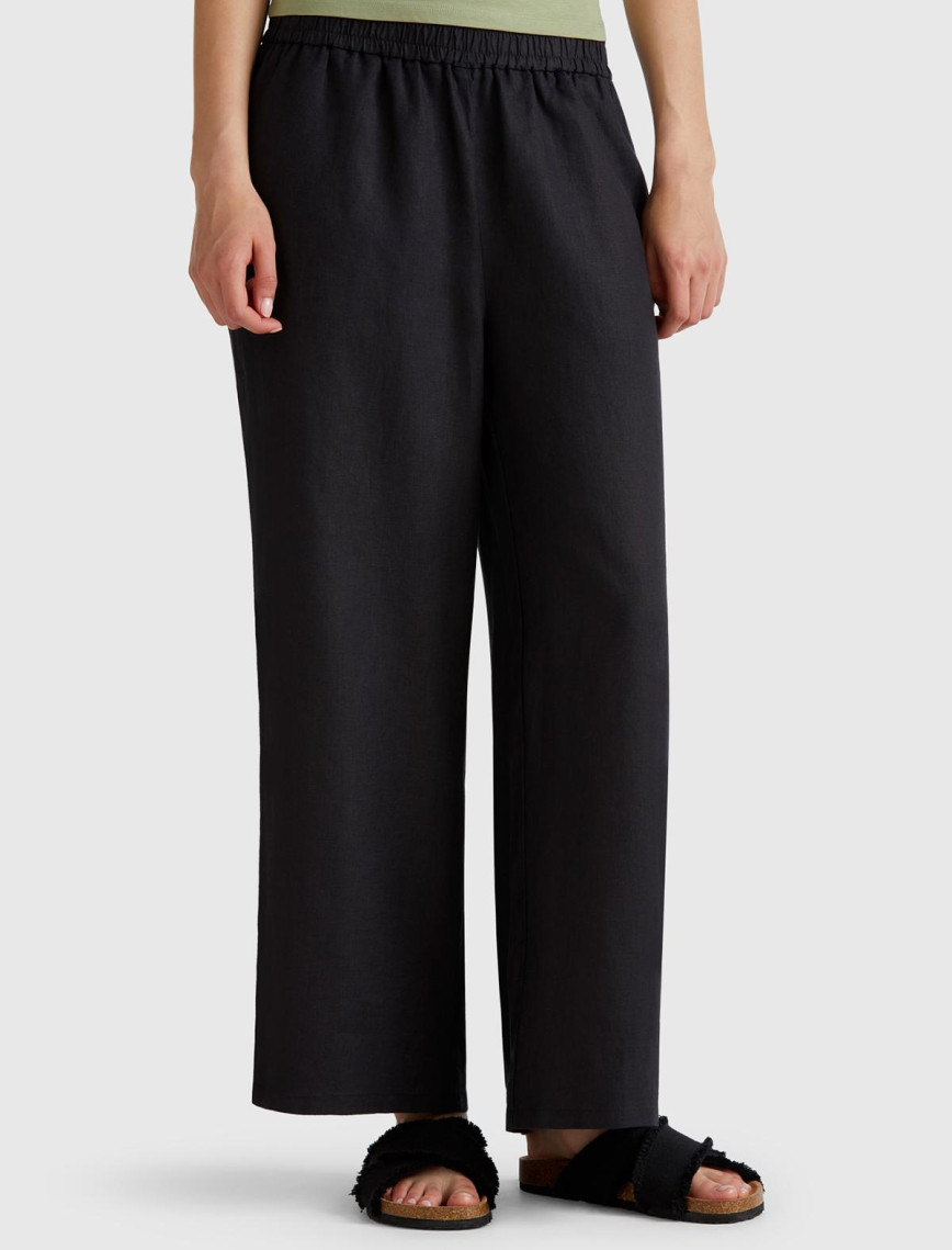 Kadın Siyah %100 Keten Beli Lastikli Bol Kısa Paça Pantolon