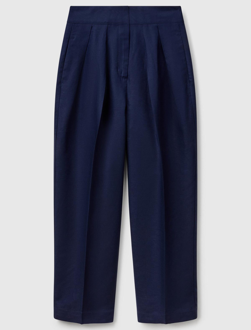 Kadın Lacivert Keten Karışımlı Havuç Kesim Pantolon