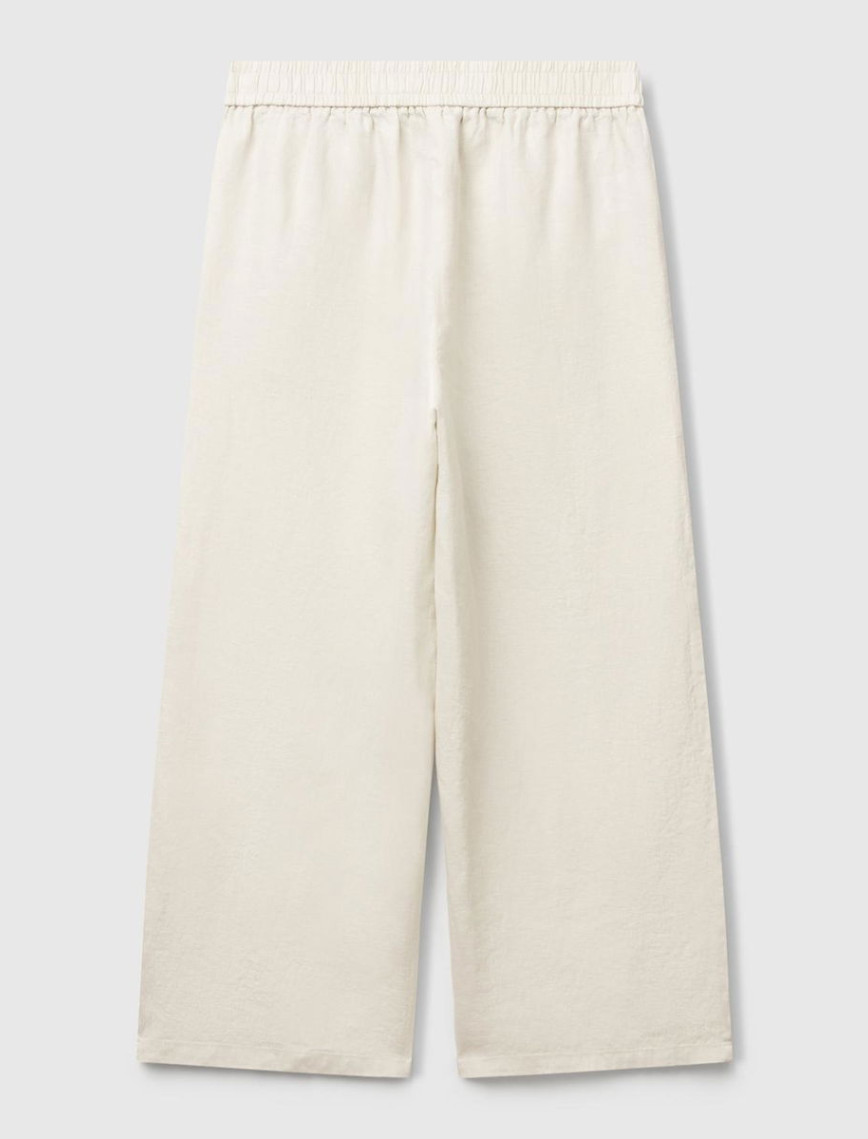 Kadın Taş Rengi %100 Keten Beli Lastikli Bol Kısa Paça Pantolon