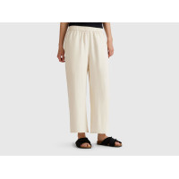 Kadın Taş Rengi %100 Keten Beli Lastikli Bol Kısa Paça Pantolon