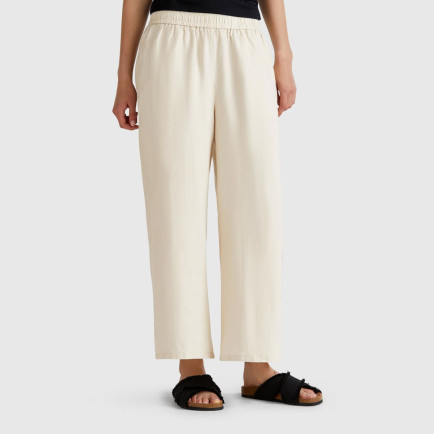 Kadın Taş Rengi %100 Keten Beli Lastikli Bol Kısa Paça Pantolon