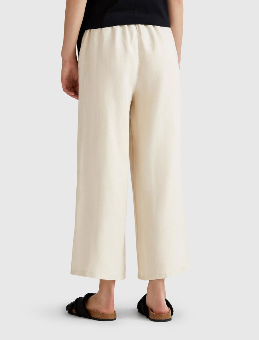 Kadın Taş Rengi %100 Keten Beli Lastikli Bol Kısa Paça Pantolon