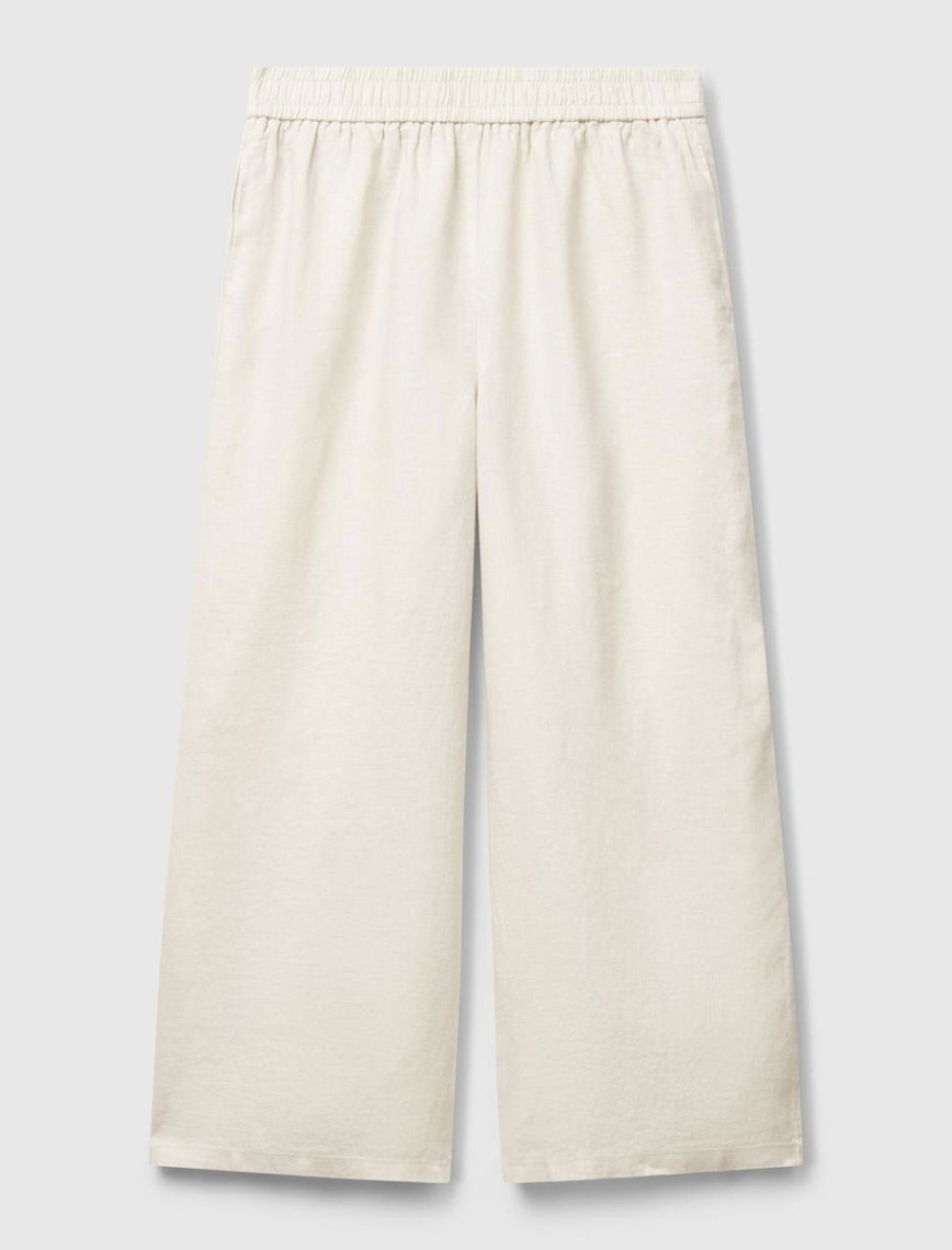 Kadın Taş Rengi %100 Keten Beli Lastikli Bol Kısa Paça Pantolon