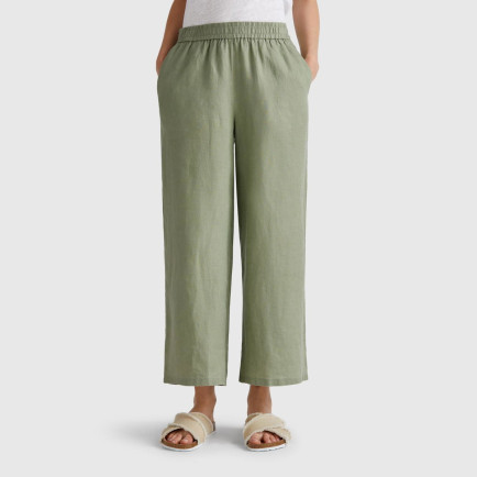 Kadın Adaçayı yeşili %100 Keten Beli Lastikli Bol Kısa Paça Pantolon