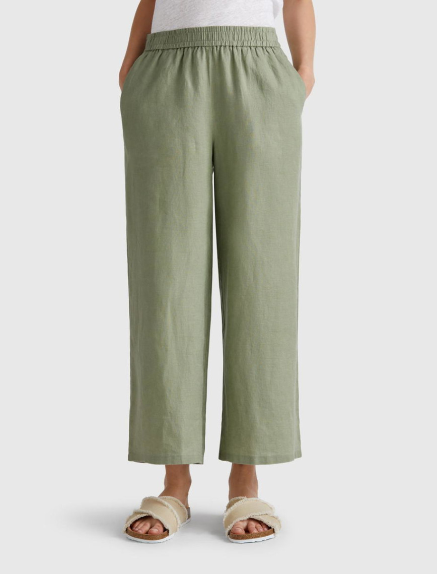 Kadın Adaçayı yeşili %100 Keten Beli Lastikli Bol Kısa Paça Pantolon