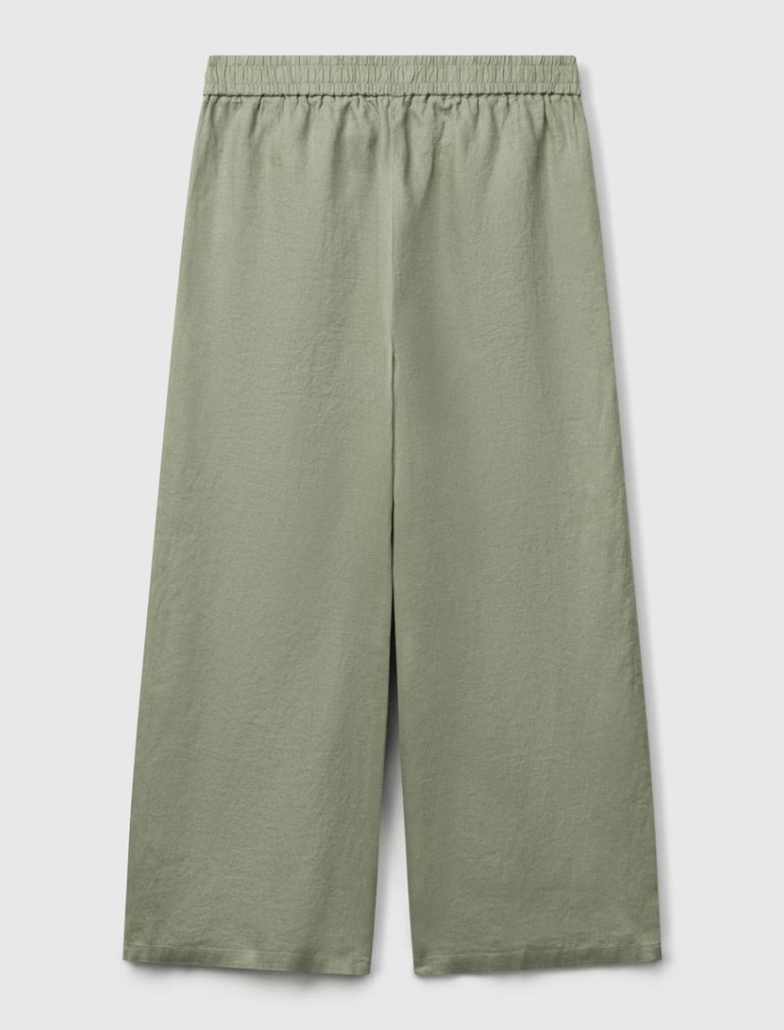 Kadın Adaçayı yeşili %100 Keten Beli Lastikli Bol Kısa Paça Pantolon