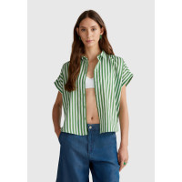 Kadın Yeşil Keten Karışımlı Çizgili Kimono Kol Gömlek