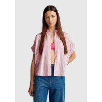 Kadın Pembe Keten Karışımlı Çizgili Kimono Kol Gömlek