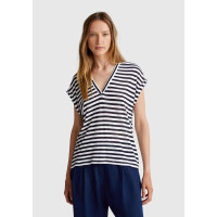 Kadın Lacivert Mix Keten Karışımlı Rahat Kalıp Çizgili V Yaka T-Shirt