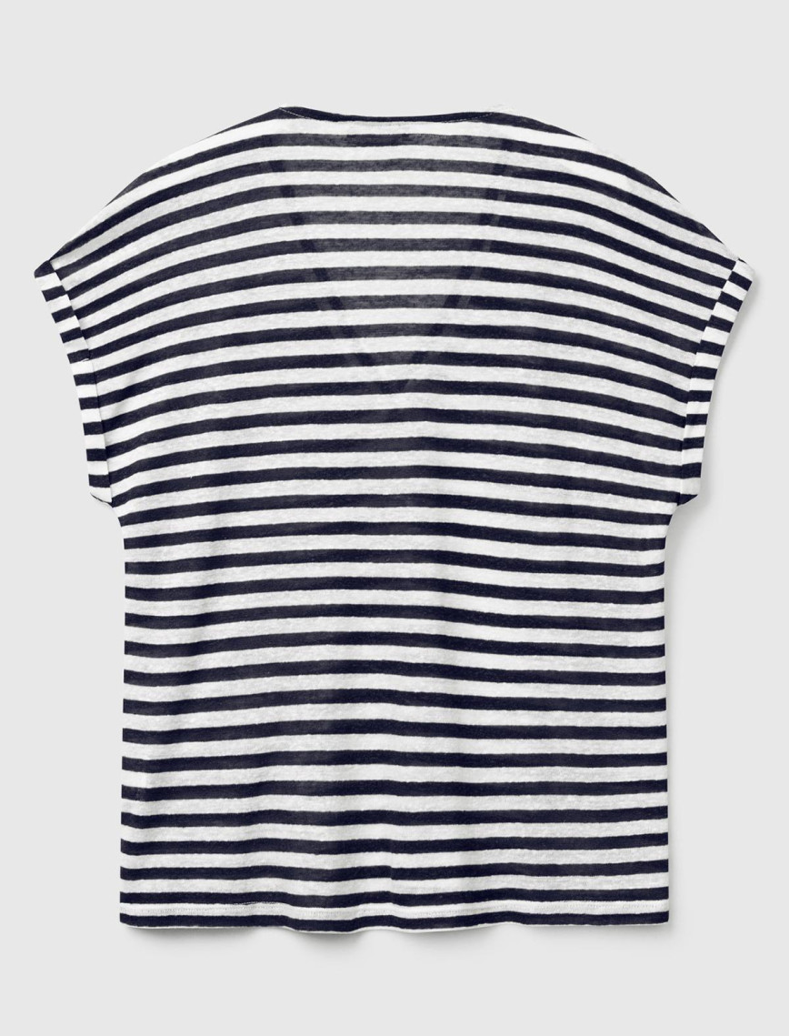 Kadın Lacivert Mix Keten Karışımlı Rahat Kalıp Çizgili V Yaka T-Shirt