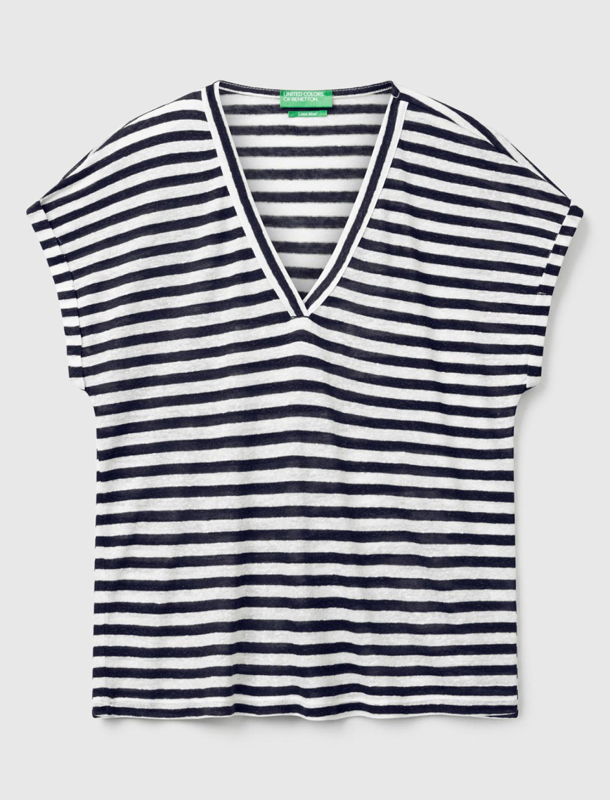 Kadın Lacivert Mix Keten Karışımlı Rahat Kalıp Çizgili V Yaka T-Shirt