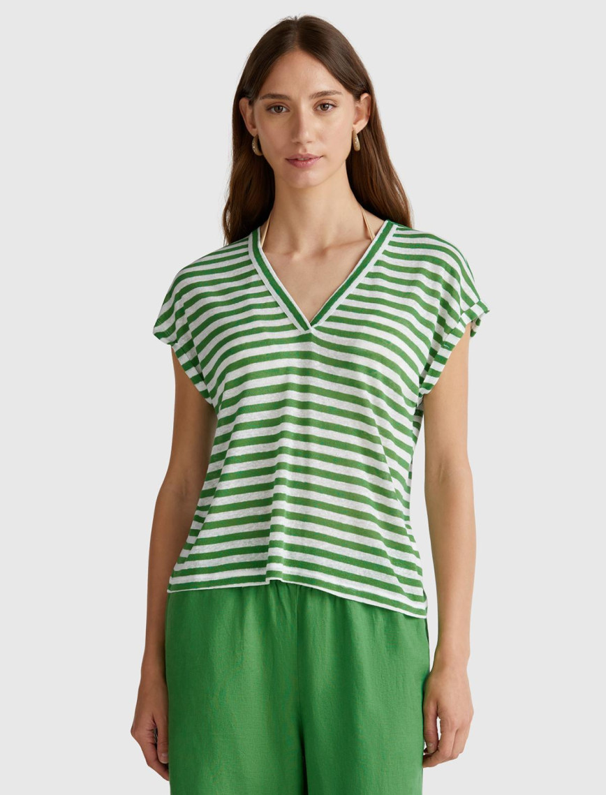 Kadın Yeşil Mix Keten Karışımlı Rahat Kalıp Çizgili V Yaka T-Shirt
