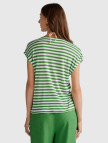Kadın Yeşil Mix Keten Karışımlı Rahat Kalıp Çizgili V Yaka T-Shirt