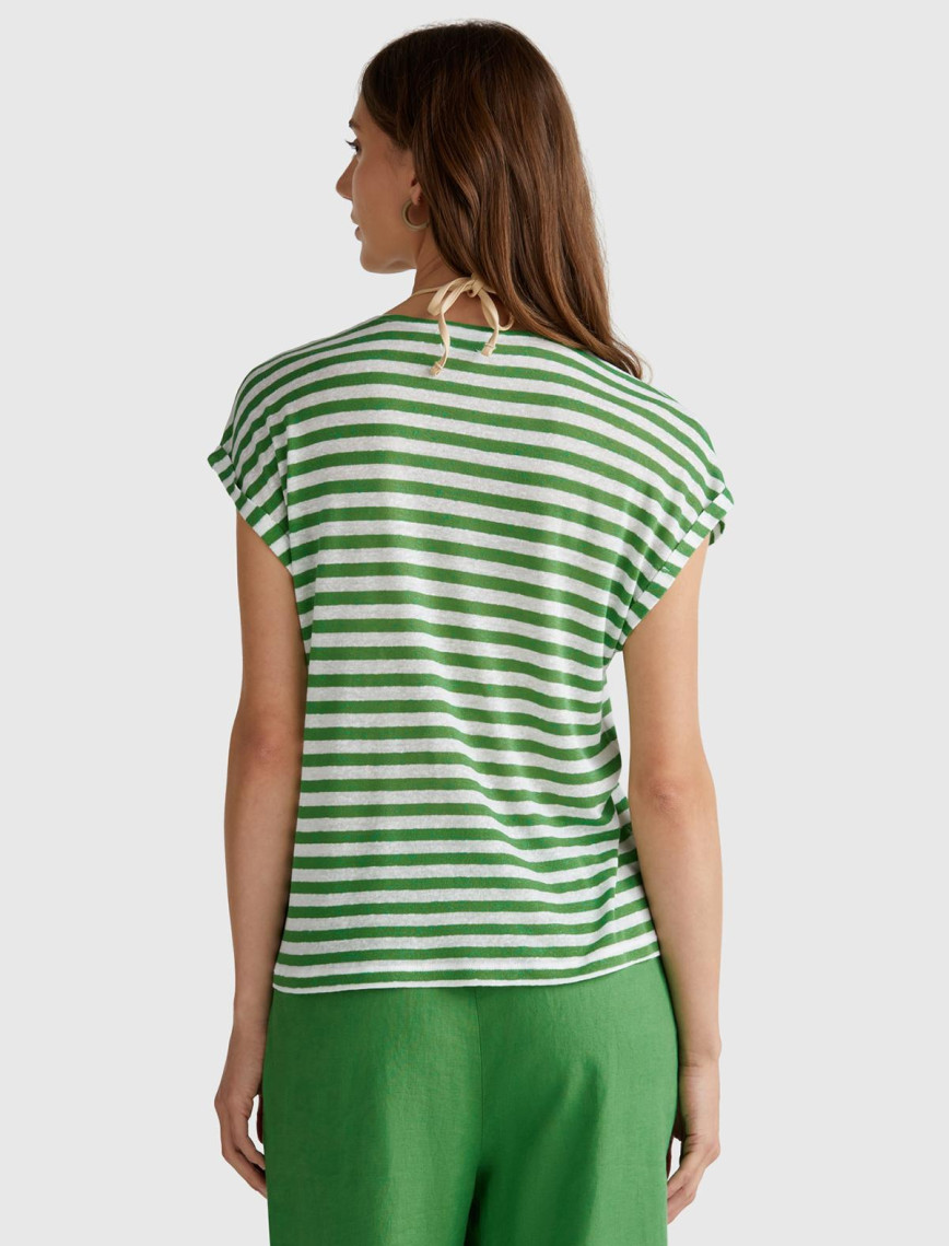 Kadın Yeşil Mix Keten Karışımlı Rahat Kalıp Çizgili V Yaka T-Shirt