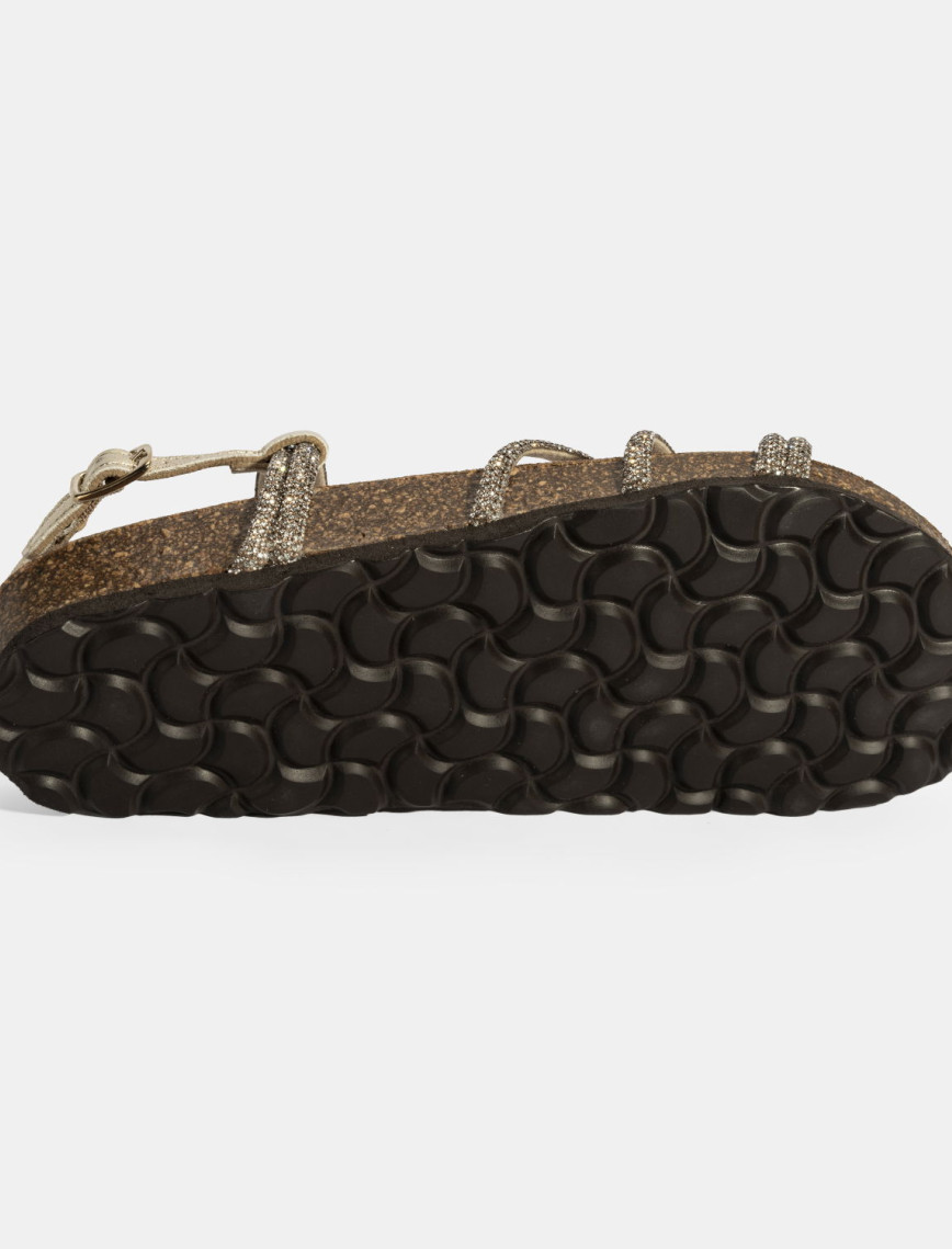 Kadın Altın Ayarlanabilir Tokalı Taş Detaylı Sandalet