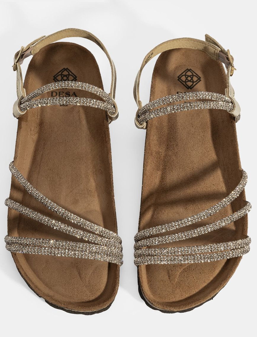 Kadın Altın Ayarlanabilir Tokalı Taş Detaylı Sandalet